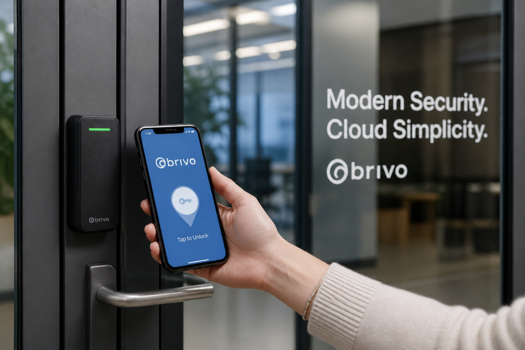 Person using smartphone to unlock a secure office door with cloud-based access control system