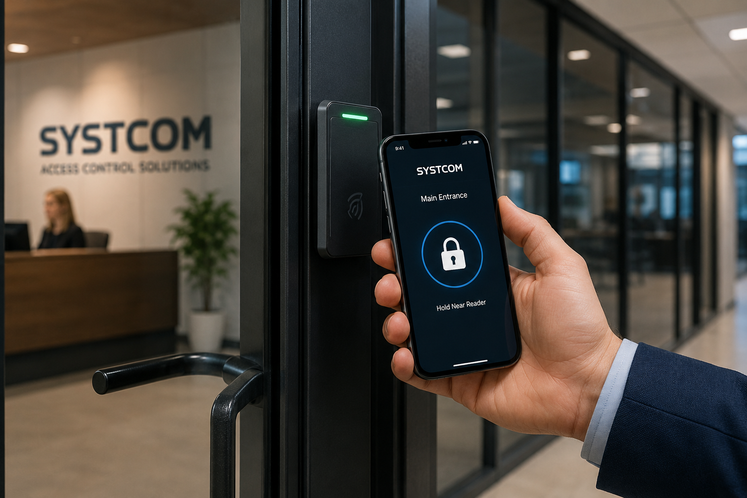 Business professional using a smartphone to access a secure office entrance through a mobile access control reader.