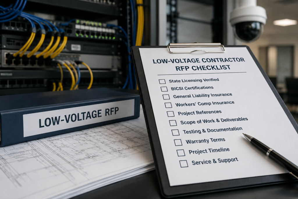 Clipboard displaying a low-voltage contractor RFP checklist on a desk with network equipment, structured cabling, blueprints, and a security camera in the background.