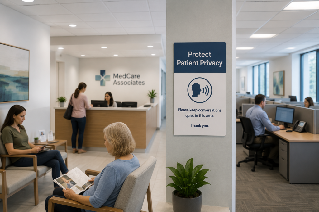 Modern medical office waiting room and administrative workspace illustrating speech privacy and sound masking for HIPAA compliance.